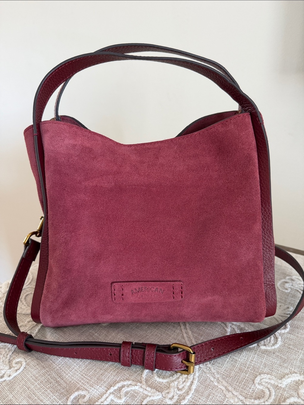 American Leather Co Auburn Suede w/Leather Strap/Handles & Trim Satchel.